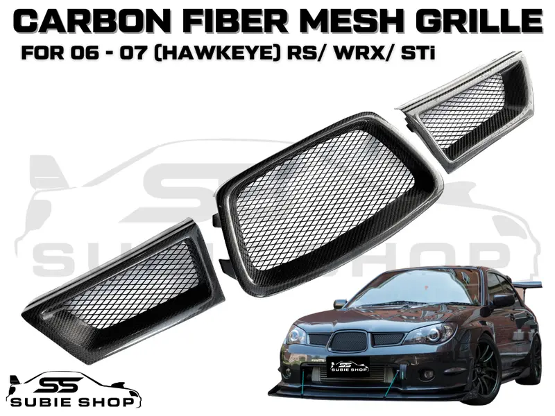 3 Piece Carbon Fiber Black Mesh Grille Grill For 06 - 07 Subaru Wrx Sti Hawkeye 1