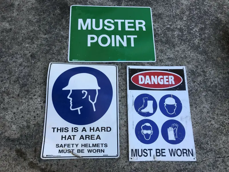 3 X Industrial Factory Warehouse Danger Muster Point Hard Hat Area Signs Sign 1