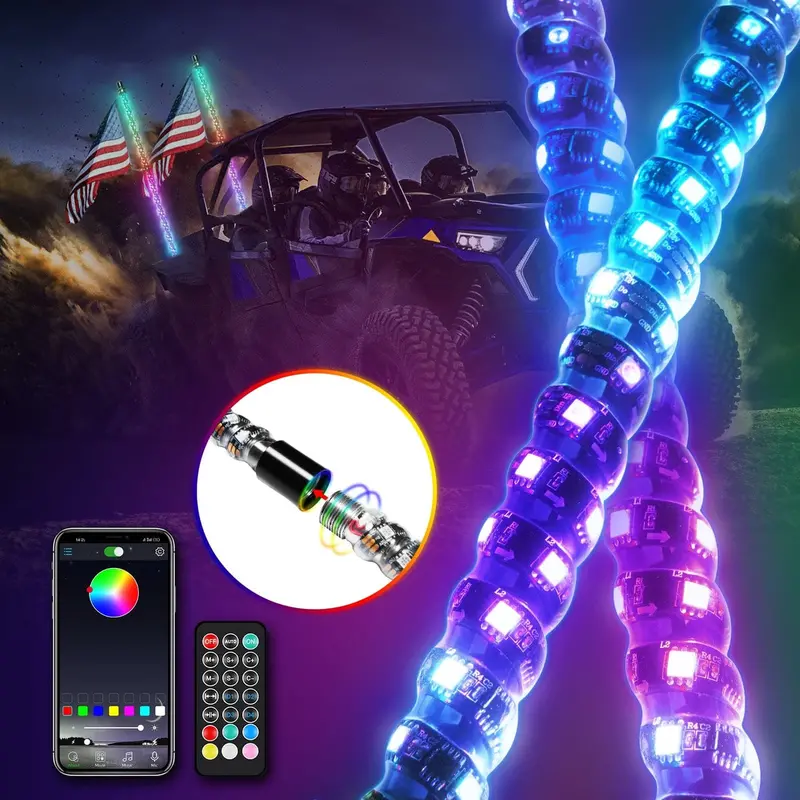 3Ft 4Ft 5Ft 6Ft Rgb Led Spiral Whip Lights Flag Pole Lamp For Utv Atv App Remote 1