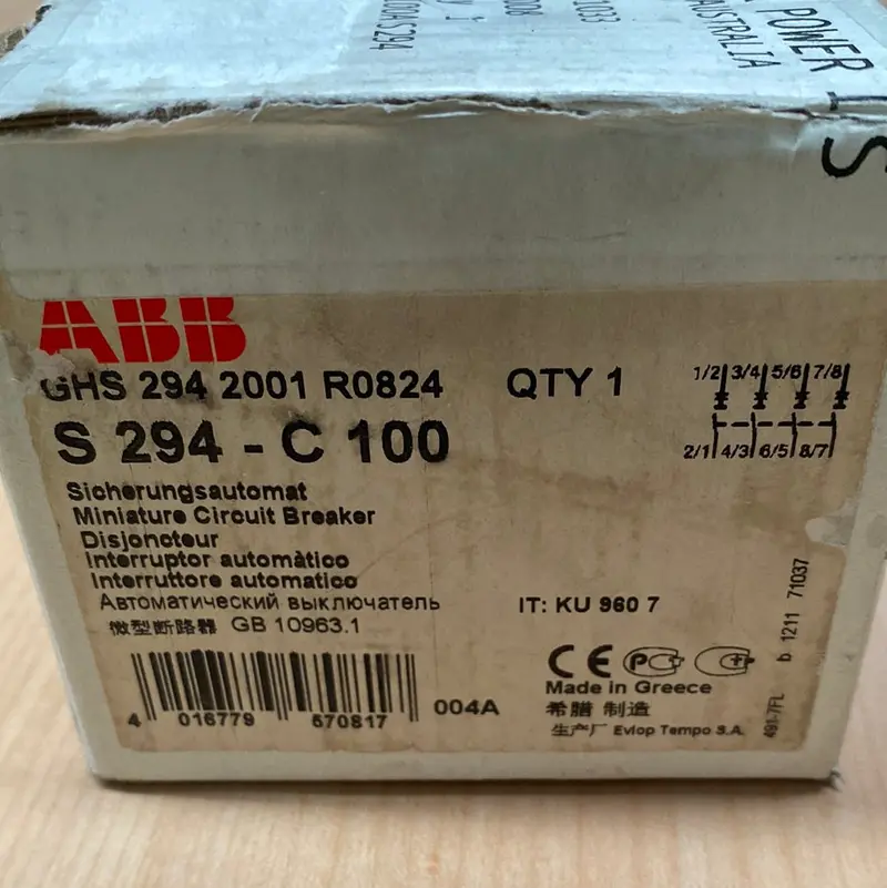 Abb S294-C100 Miniature Circuit Breaker 4P, 100A 1