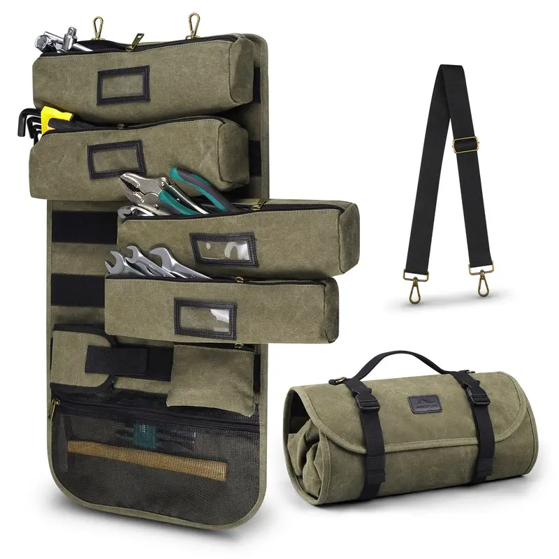 Arcfox Vintage Canvas Roll Up Tool Bag Organizer W/ Removable Large Pouches For Mechanic Electrician 1