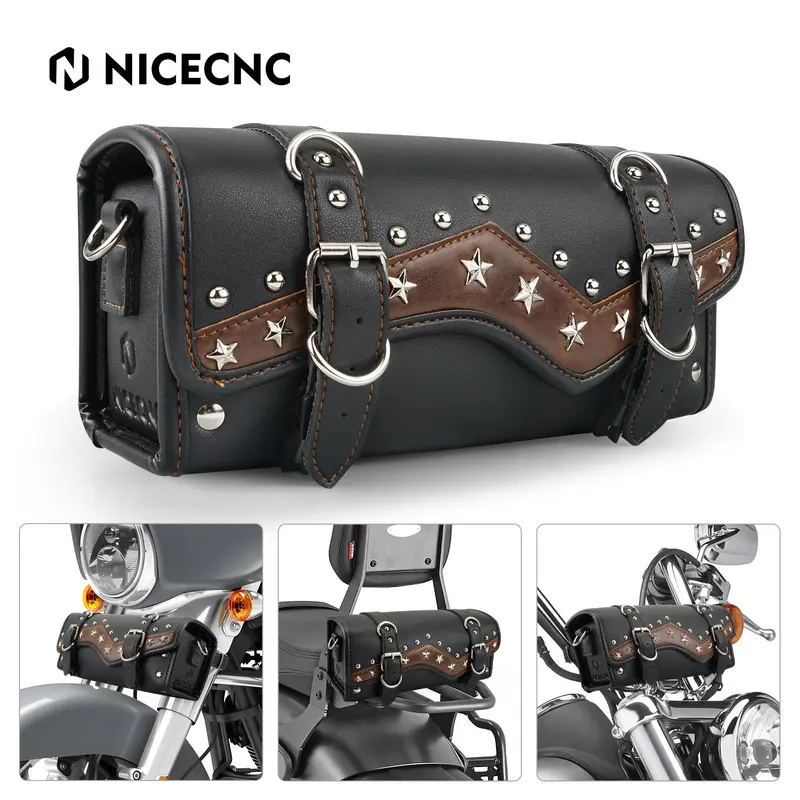Motorcycle Handlebar Bag Star Rivet Cowhide Texture Pu Leather 1