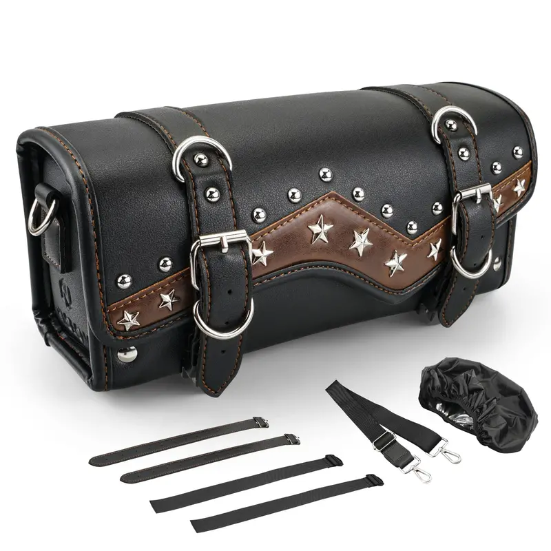 Motorcycle Handlebar Bag Star Rivet Cowhide Texture Pu Leather 2