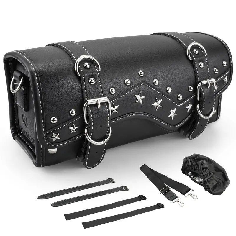 Motorcycle Handlebar Bag Star Rivet Cowhide Texture Pu Leather 2
