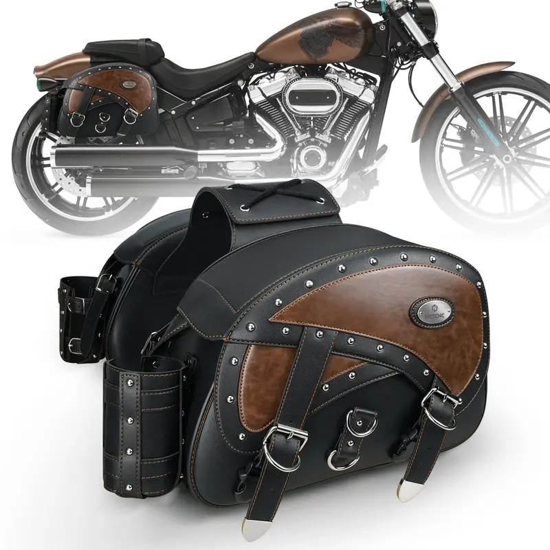 Motorcycle Saddlebags 35L Heavy Duty Leather Waterproof With Cup Holders For Cruiser Softail Dyna Road King 1