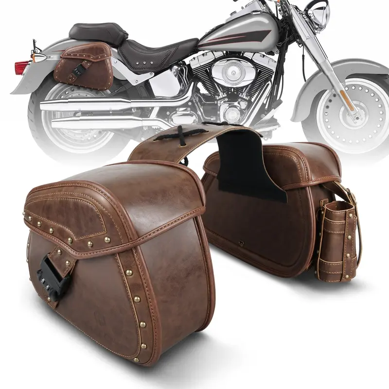 Pu Leather Motorcycle Saddle Bags With Cup Holder & Lock For Universal Motorcycle 2