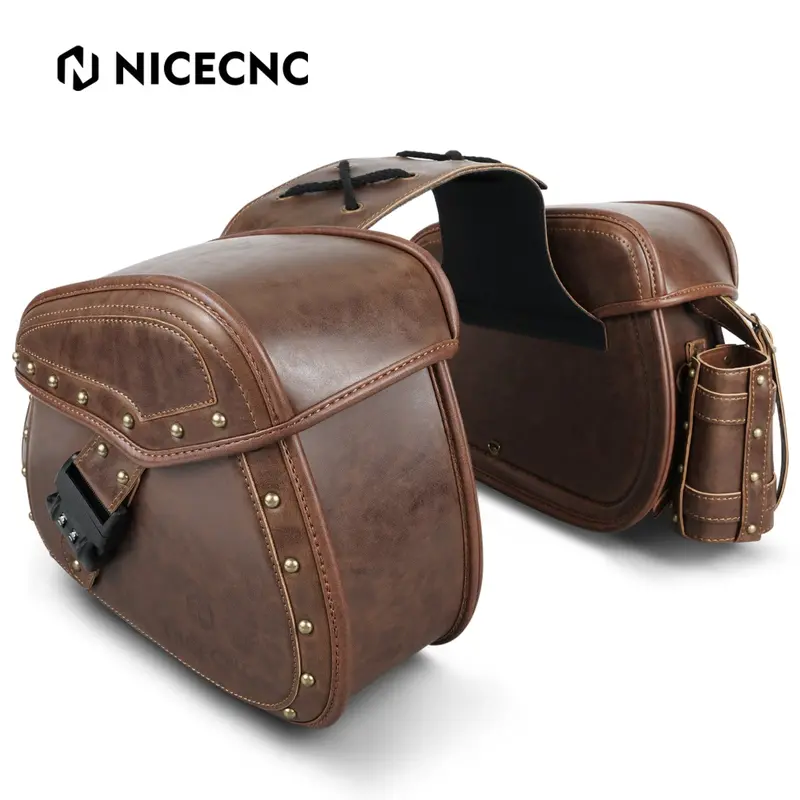 Pu Leather Motorcycle Saddle Bags With Cup Holder & Lock For Universal Motorcycle 2
