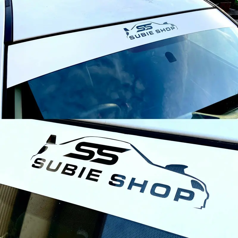 Subie Shop Windshield Reverse Cut Windscreen Banner Sun Strip Decal Sticker Wht 1