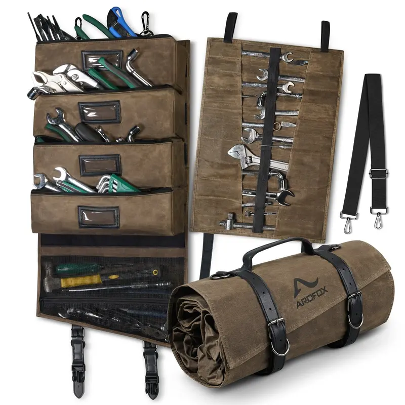 Tool Roll Up Bag Heavy Duty Oil Waxed Canvas Organizer With 5 Detachable Pouches Enlarged Size For Mechanics Electricians 1