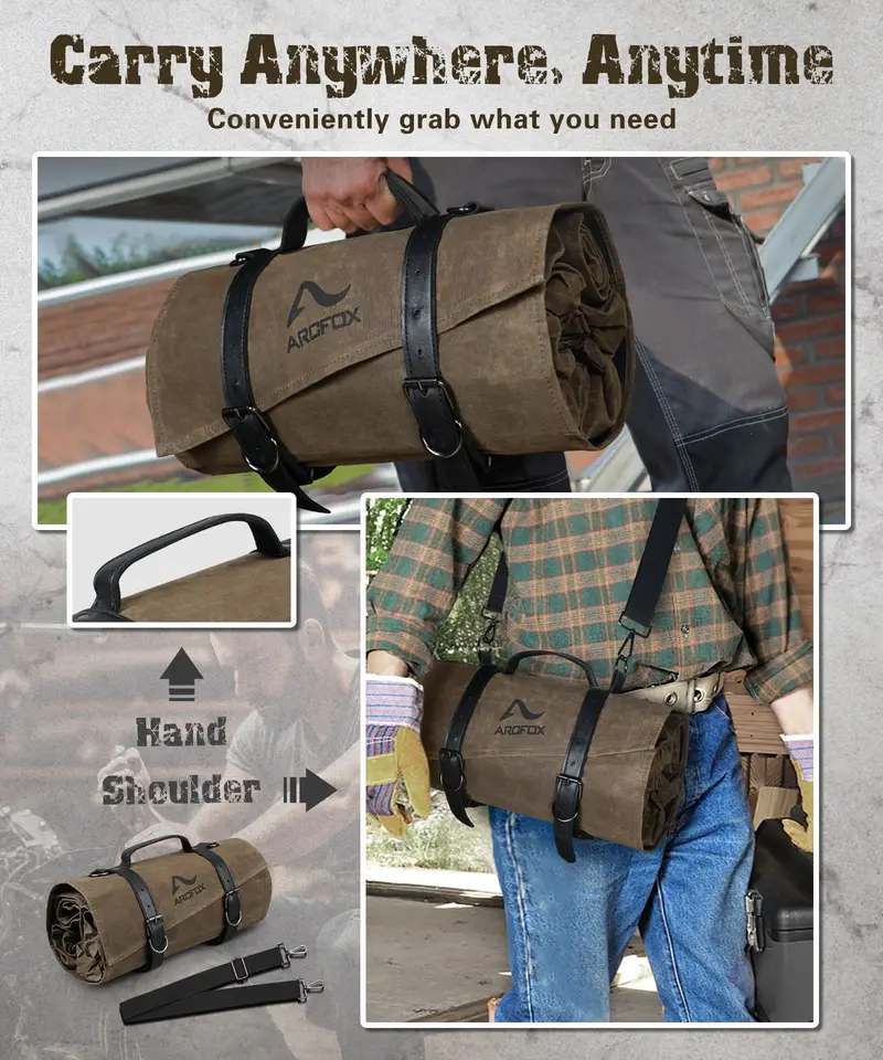 Tool Roll Up Bag Heavy Duty Oil Waxed Canvas Organizer With 5 Detachable Pouches Enlarged Size For Mechanics Electricians 2