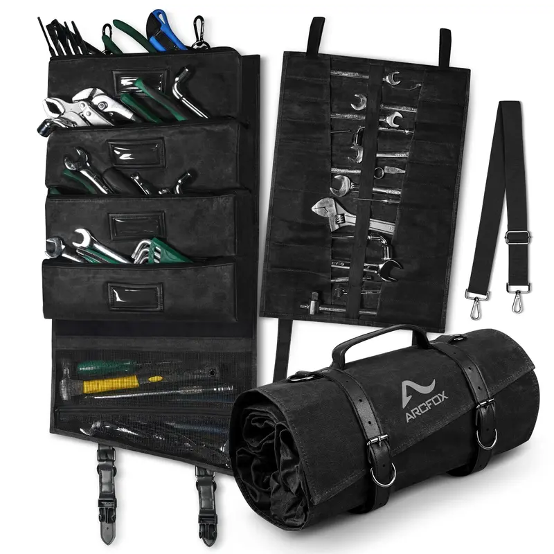 Tool Roll Up Bag Heavy Duty Oil Waxed Canvas Organizer With 5 Detachable Pouches Enlarged Size For Mechanics Electricians 2