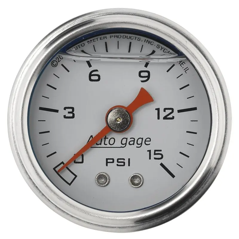 Autometer 1.5-Inch Liquid-Filled Mechanical Fuel Pressure Gauge – 0–15 Psi, White Dial 1